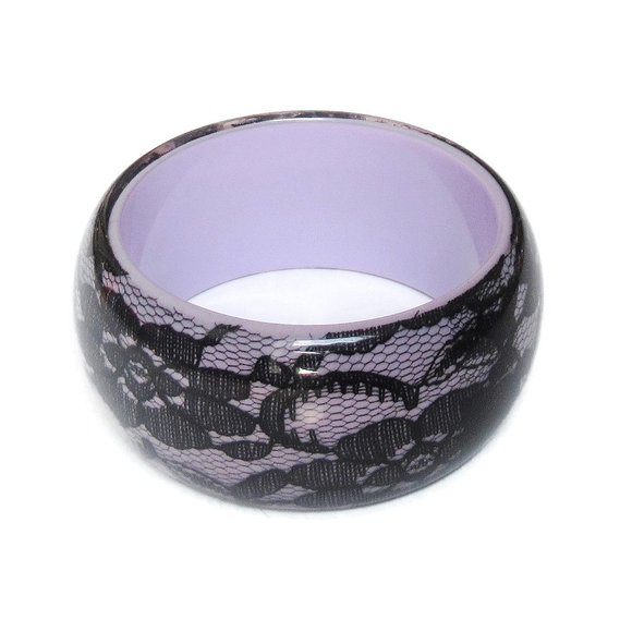 Purple Black Lace Efect Bangle Embedded Lacy Lucite Chunky Cuff - Picture 3 of 5